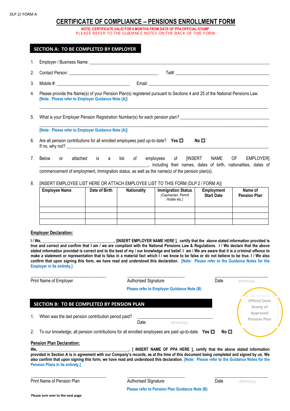 Form DLP2 (A) Certificate of Compliance - Pensions Enrollment Form - Cayman Islands, Page 1