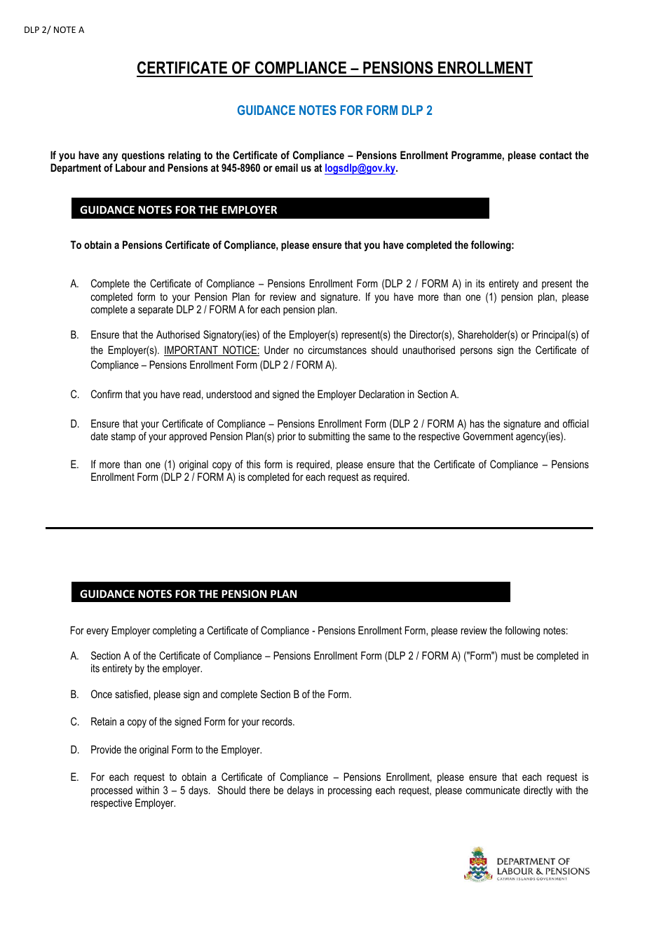 Form DLP2 (A) Certificate of Compliance - Pensions Enrollment Form - Cayman Islands, Page 2