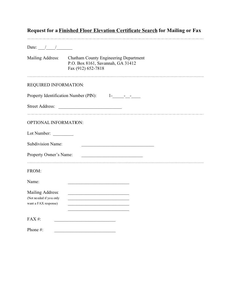 Request for a Finished Floor Elevation Certificate Search for Mailing or Fax Form - Georgia (United States), Page 1