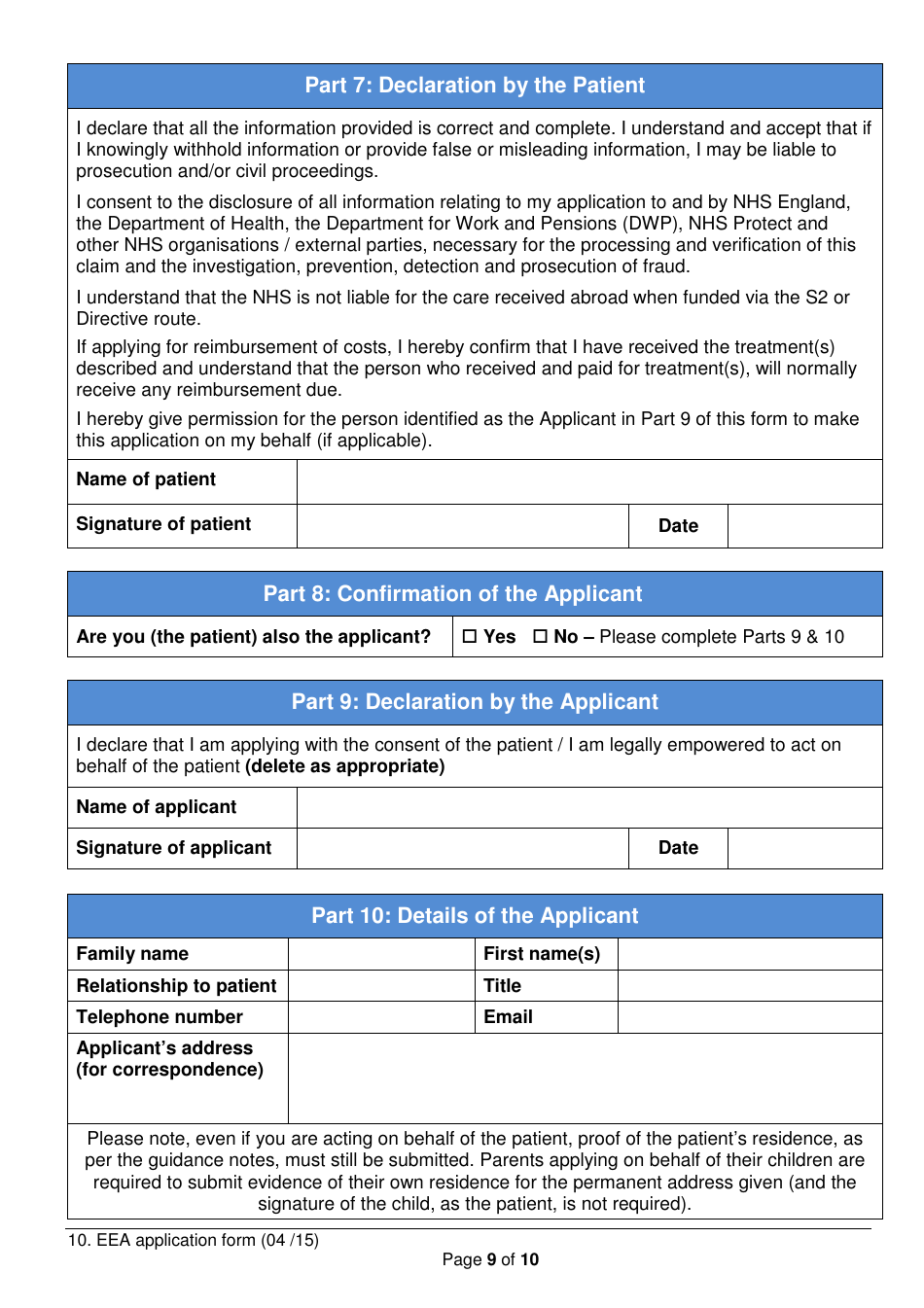 Funding for Treatment in the European Economic Area (Eea) Application Form - United Kingdom, Page 9