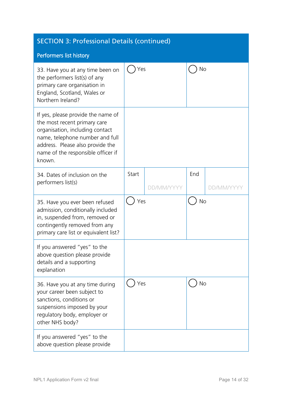 National Performers Lists Application Form - United Kingdom, Page 14