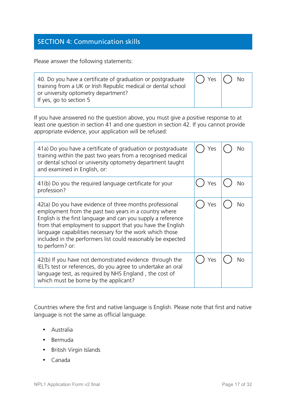 National Performers Lists Application Form - United Kingdom, Page 17