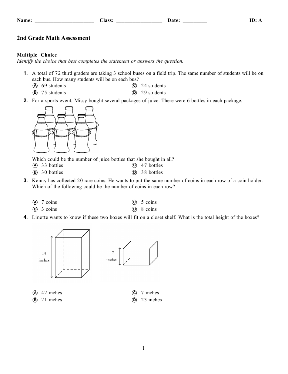 Math Assessment Worksheet for 2nd Grade
