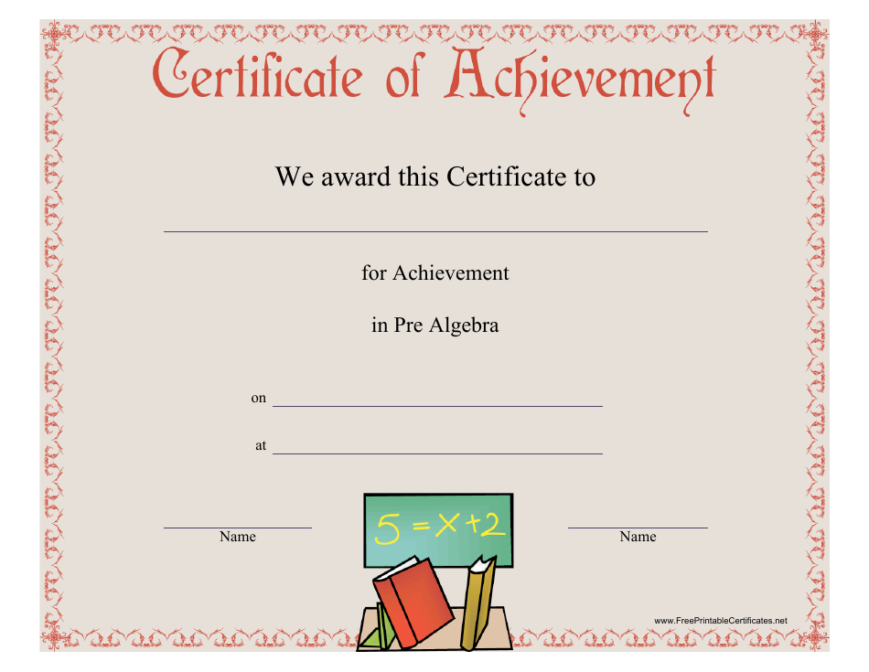 Pre-algebra Achievement Certificate Template - Purple border with geometric shapes in the background that provide a bold and modern look. The certificate includes space for a student's name, date, and signature.