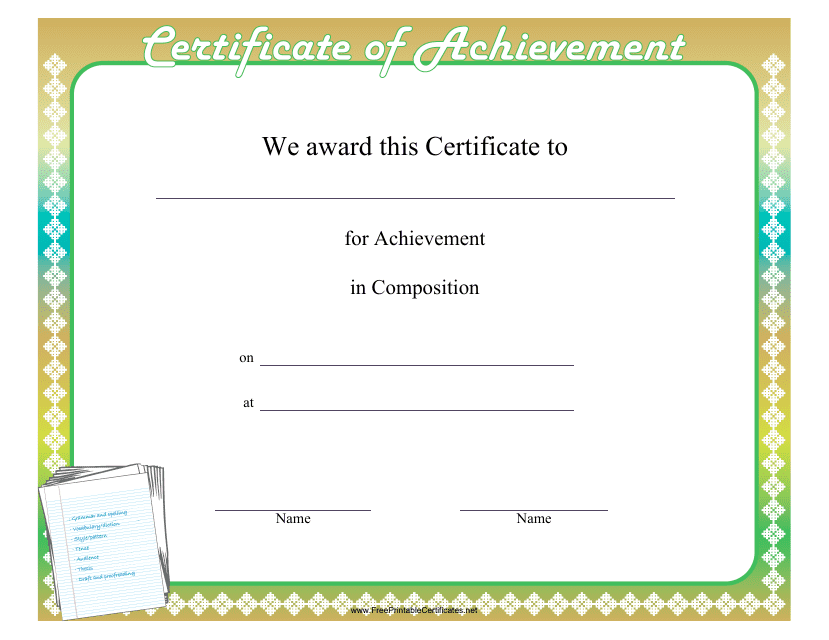 Composition Achievement Certificate Template - Bold title with calligraphy decoration and elegant border.