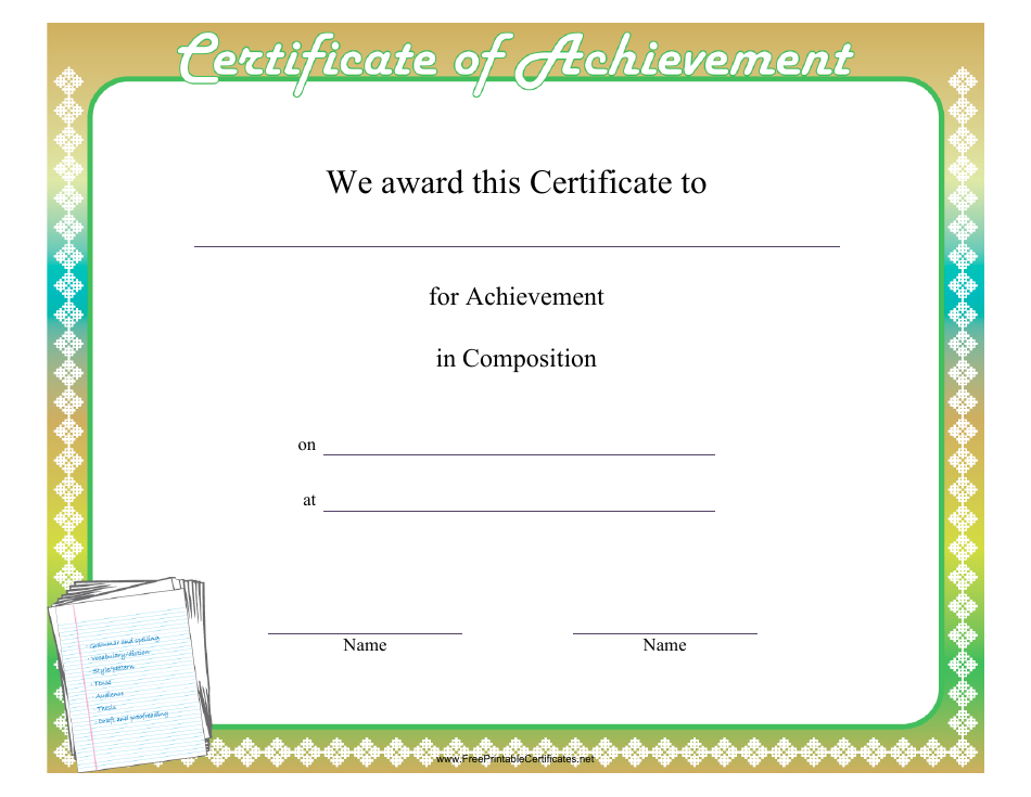 Composition Achievement Certificate Template - Bold title with calligraphy decoration and elegant border.