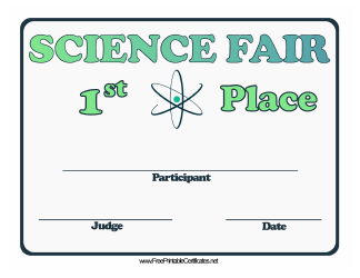 Document preview: Science Fair First Place Certificate Template