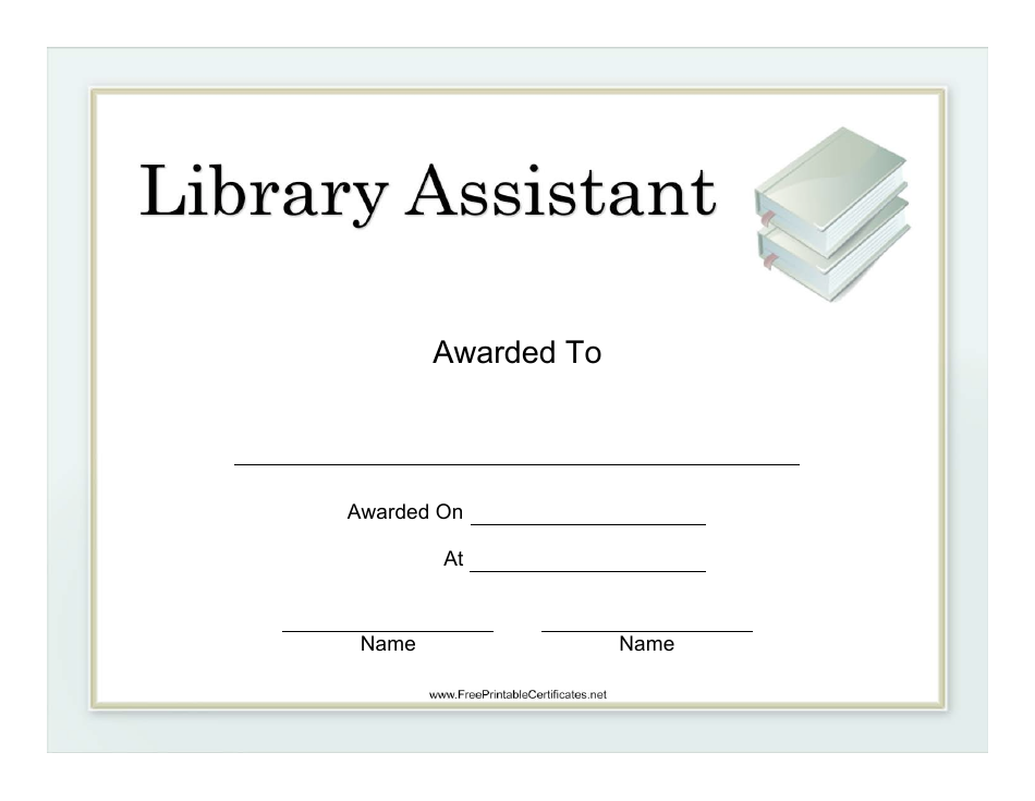 Library Assistant Certificate Template - Sample Design