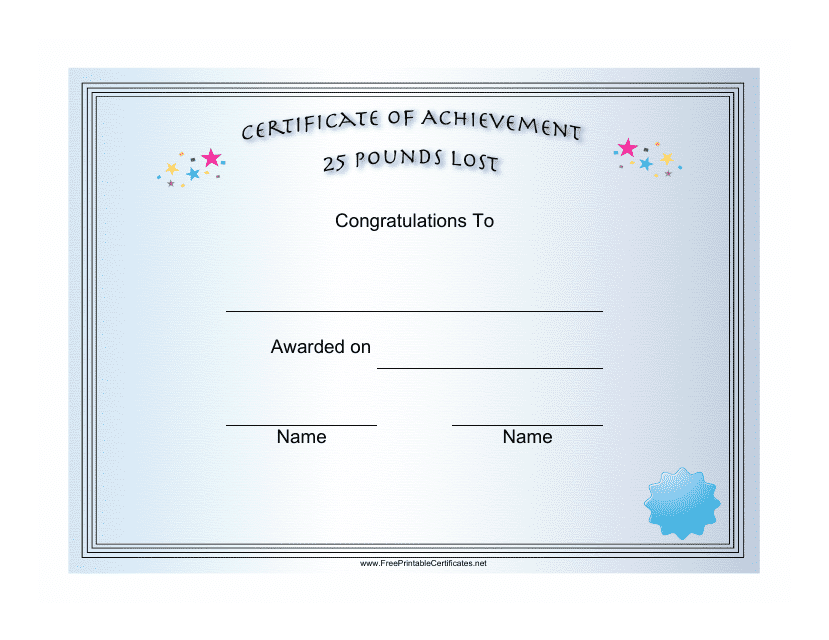 &quot;25 Pounds Weight Loss Achievement Certificate Template&quot; Download Pdf