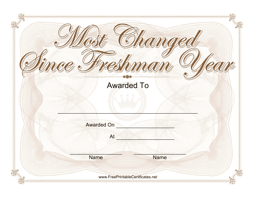 &quot;Most Changed Since Freshman Year Yearbook Certificate Template&quot; Download Pdf