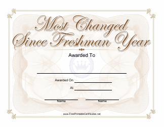 &quot;Most Changed Since Freshman Year Yearbook Certificate Template&quot;