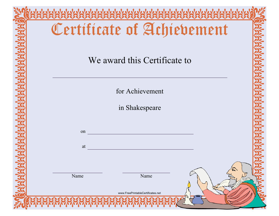 Shakespeare Achievement Certificate Template - A majestic and elegant certificate template inspired by the great works of William Shakespeare, perfect for honoring outstanding achievements and accomplishments.