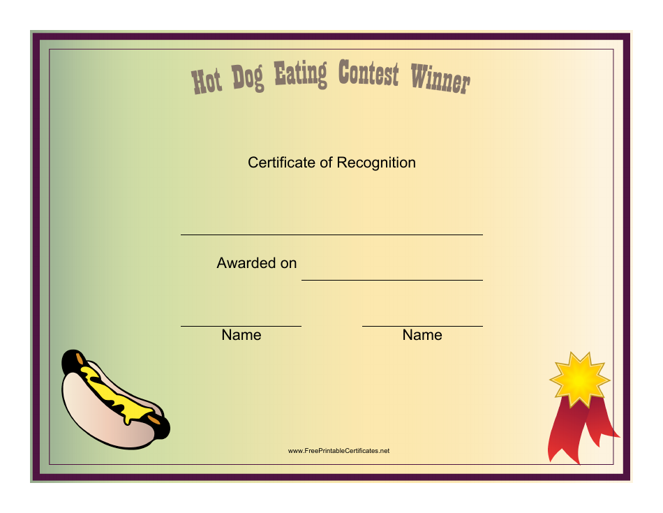 Hot Dog Eating Certificate of Recognition Template - Customizable Design
