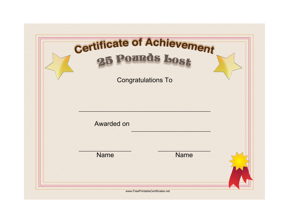 Weight Loss 25 Pounds Certificate of Achievement Template Image