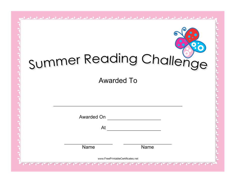 Summer Reading Challenge Certificate Template - Pink