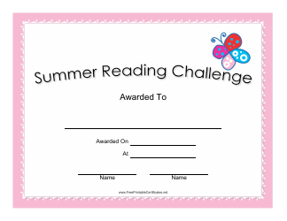 Document preview: Summer Reading Challenge Certificate Template - Pink
