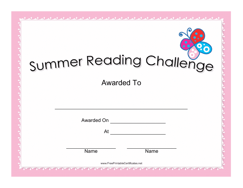 &quot;Summer Reading Challenge Certificate Template&quot; Download Pdf
