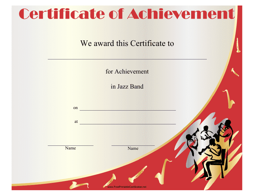 Jazz Band Achievement Certificate Template - Preview Image Higher resolution thumbnail preview of a colorful Jazz Band Achievement certificate template.