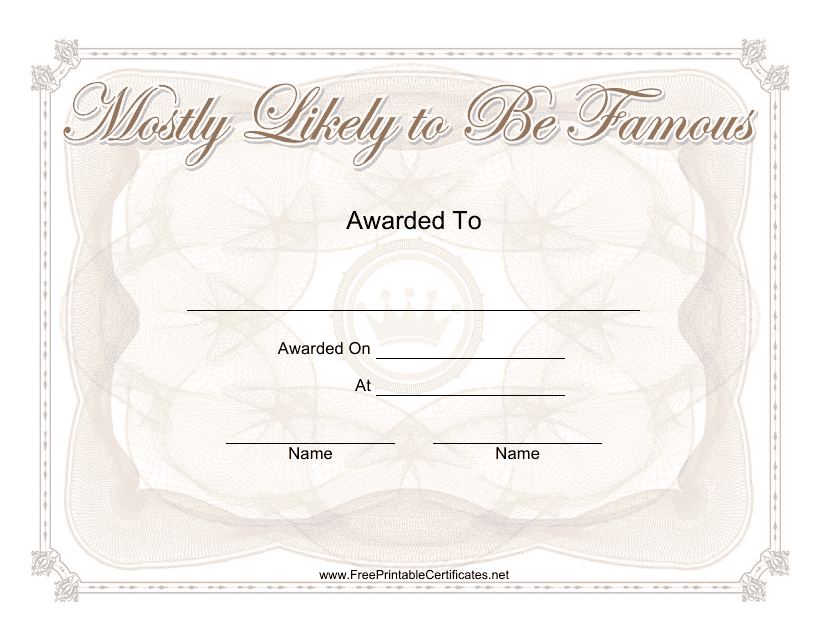 &quot;Most Likely to Be Famous Yearbook Certificate Template&quot; Download Pdf