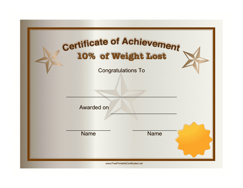 &quot;10 Percent Weight Loss Certificate of Achievement Template&quot; Download Pdf