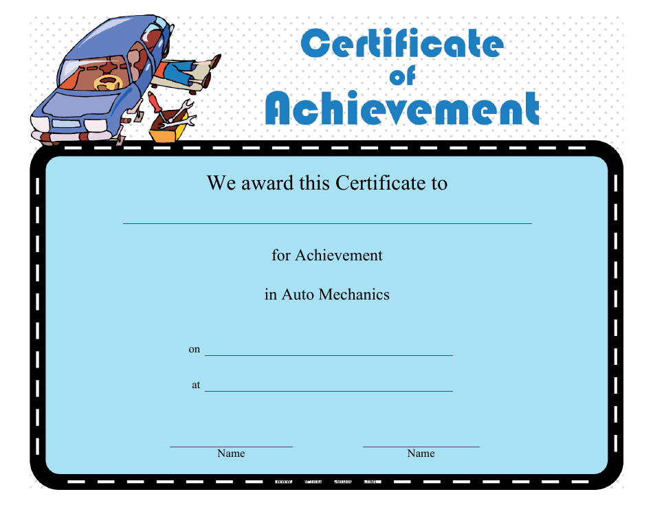 Auto Mechanics Achievement Certificate Template Preview