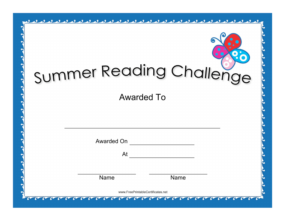 Summer Reading Challenge Certificate Template in Blue