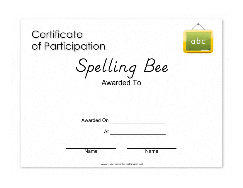 &quot;Spelling Bee Certificate of Participation Template&quot; Download Pdf