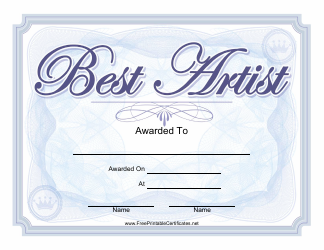 Document preview: Best Artist Award Certificate Template
