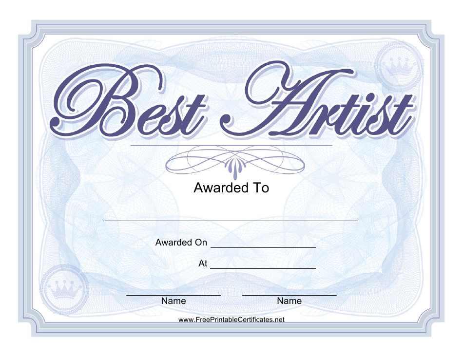 Best Artist Award Certificate Template, Page 1