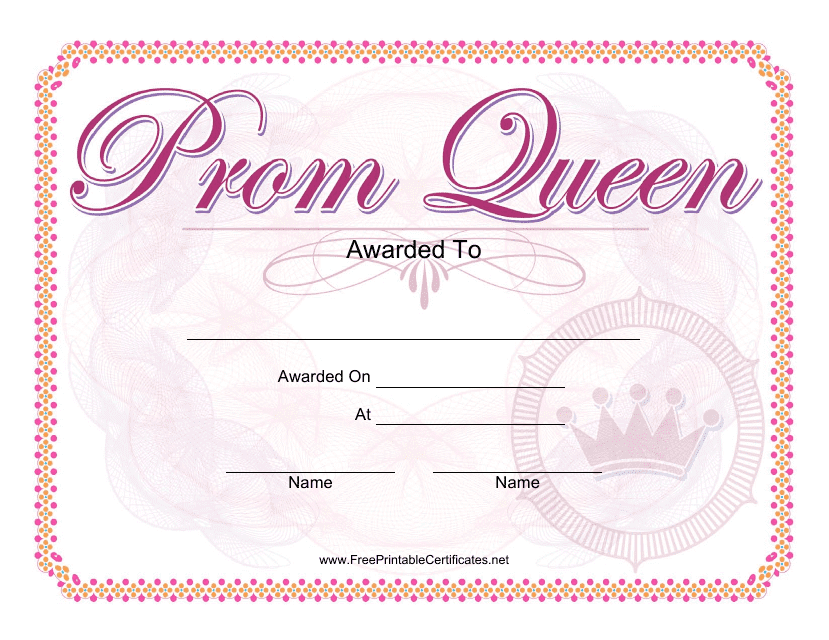 Prom Queen Certificate Template with Rose design