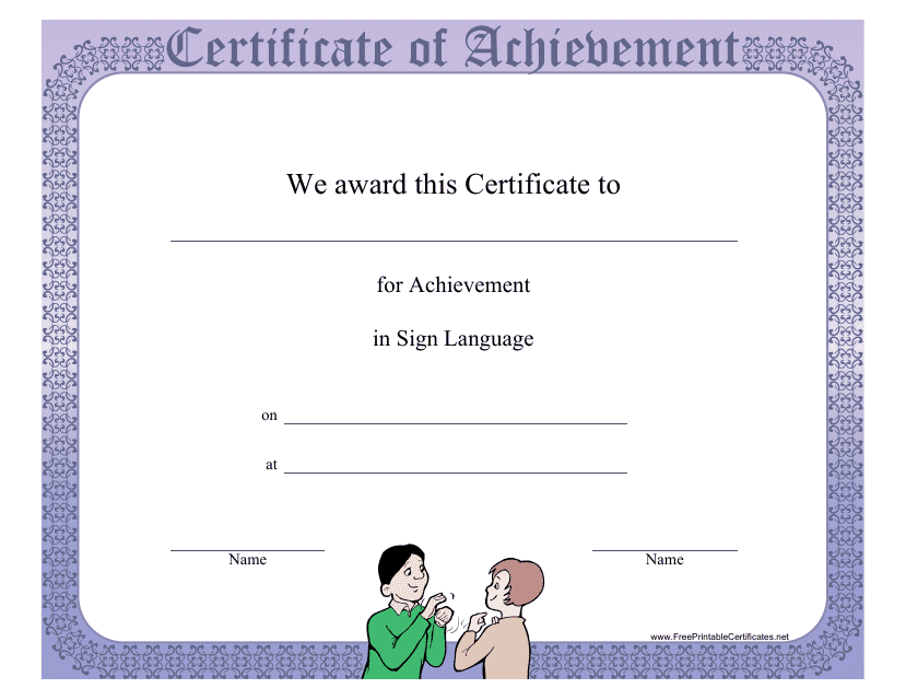 &quot;Sign Language Achievement Certificate Template&quot; Download Pdf
