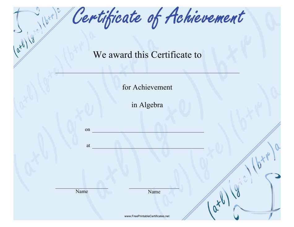 Algebra Achievement Certificate Template Preview