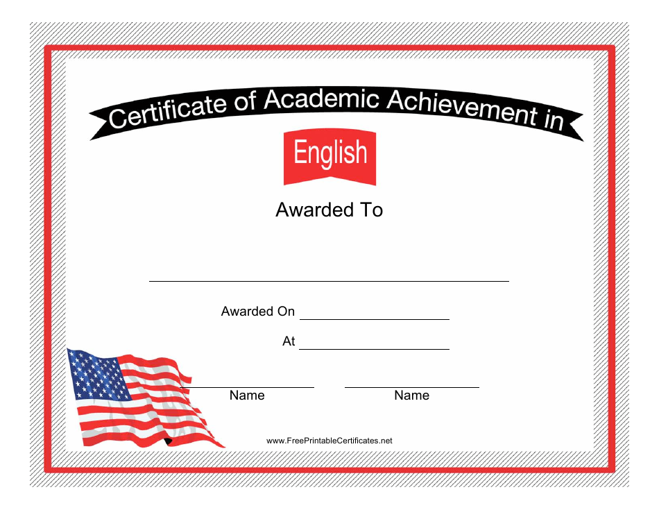 Red, blue, and white design Certificate of Achievement for the English Language