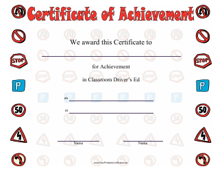 Document preview: Driver Education Achievement Certificate Template