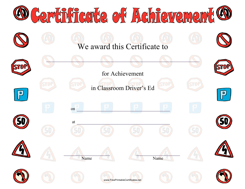 Driver Education Achievement Certificate Template, Page 1