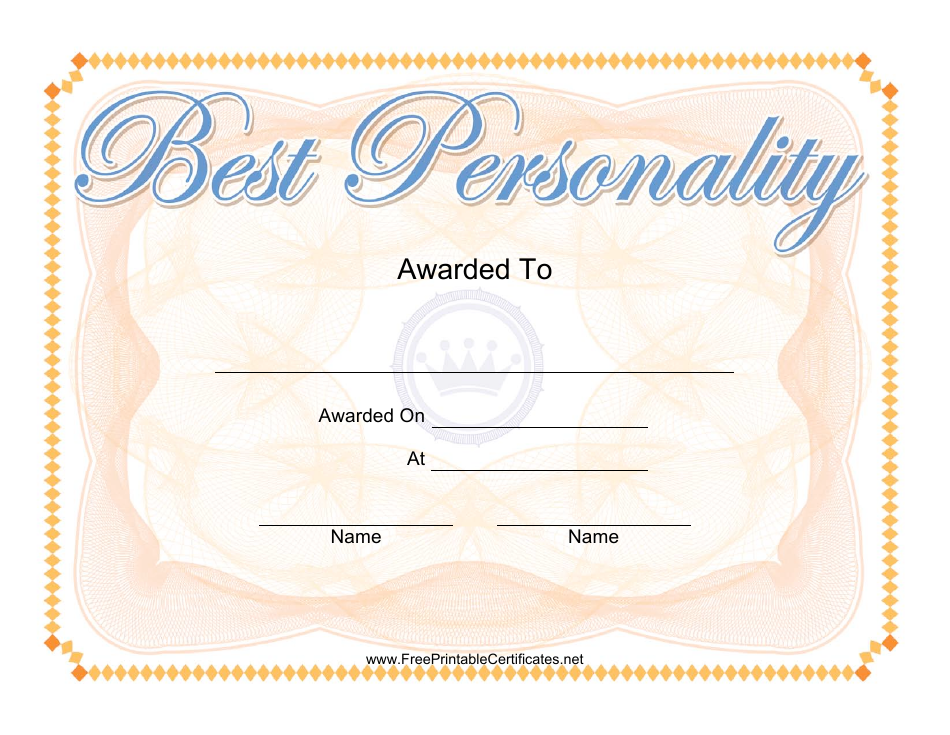 A vibrant and professional Best Personality Certificate template with a elegant border and modern typography.