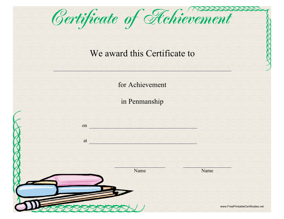 Penmanship Achievement Certificate Template with Pen and Pencil
