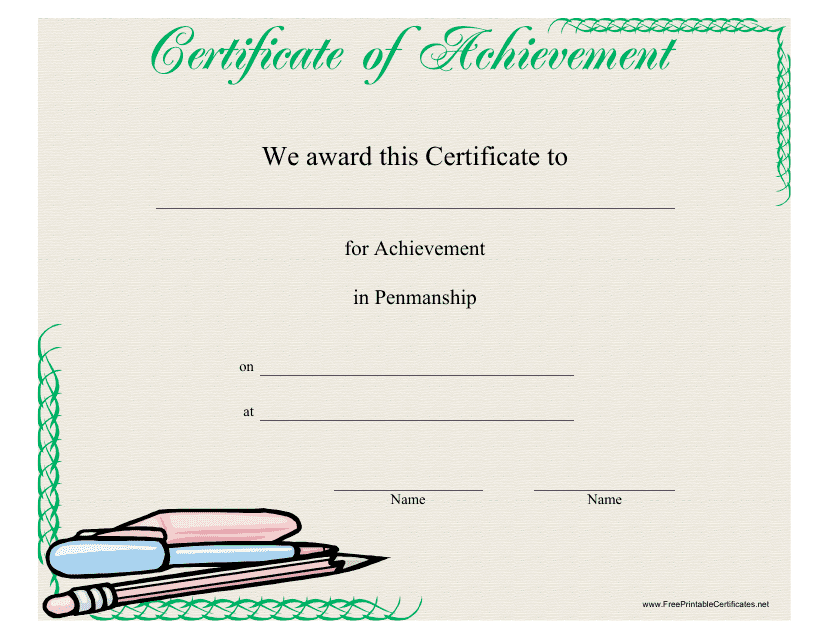 Penmanship Achievement Certificate Template with Pen and Pencil