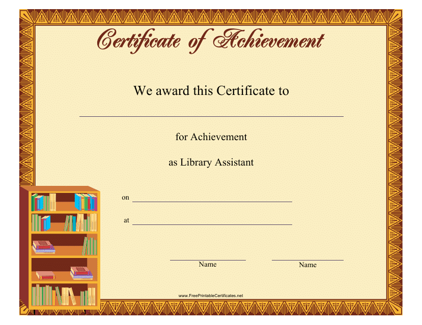 &quot;Library Assistant Achievement Certificate Template&quot; Download Pdf