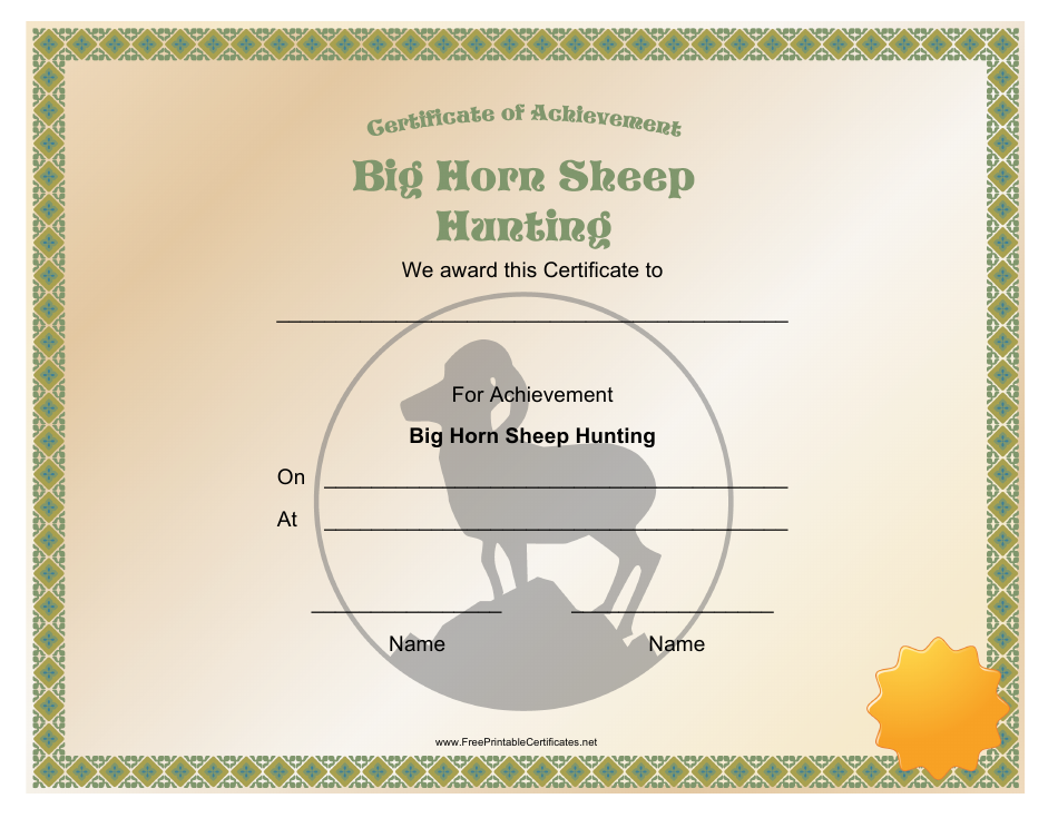 Big Horn Sheep Hunting Achievement Certificate Template, Page 1