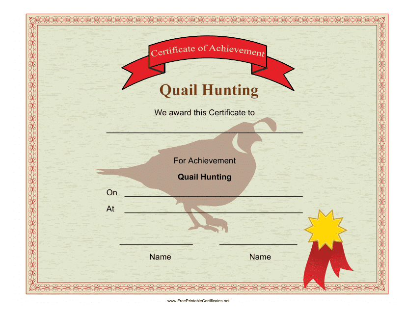 Quail Hunting Achievement Certificate Template Download Pdf