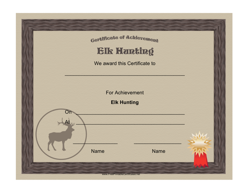 Elk Hunting Achievement Certificate Template - Preview