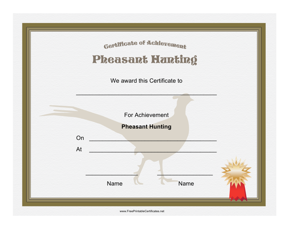 Pheasant Hunting Achievement Certificate Template Preview
