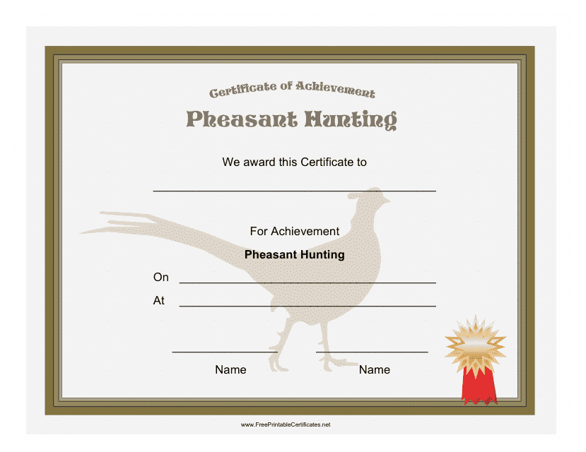 Pheasant Hunting Achievement Certificate Template