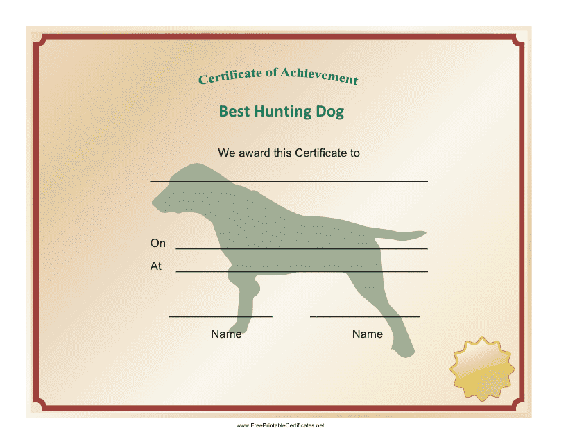 &quot;Hunting Dog Achievement Certificate Template&quot; Download Pdf
