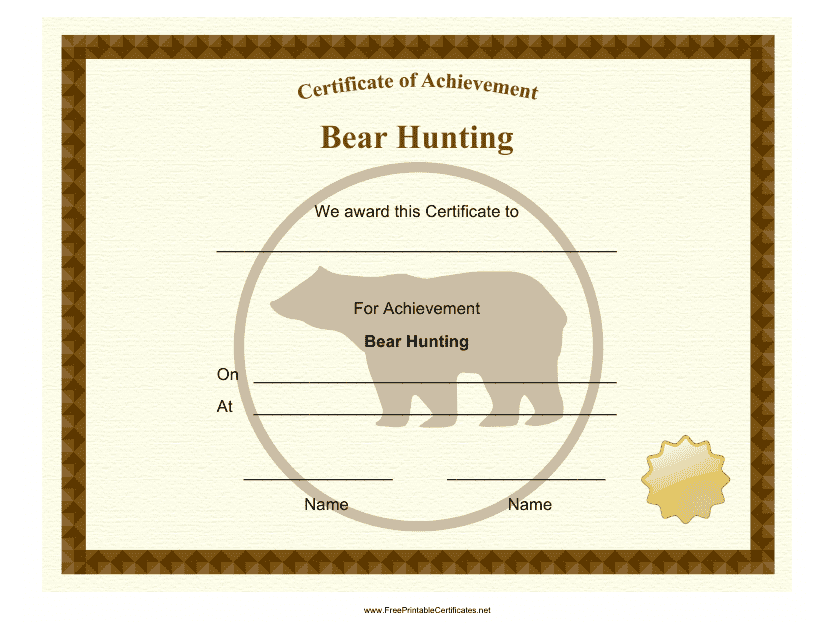 &quot;Bear Hunting Achievement Certificate Template&quot; Download Pdf