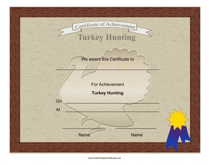 Turkey Hunting Achievement Certificate Template Download Pdf