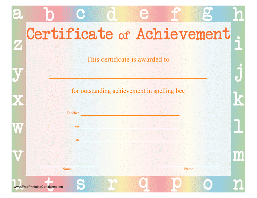 &quot;Spelling Bee Certificate of Achievement Template&quot; Download Pdf