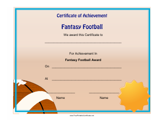 Document preview: Fantasy Football Achievement Certificate Template