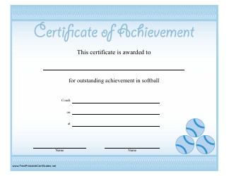 Document preview: Blue Softball Certificate of Achievement Template